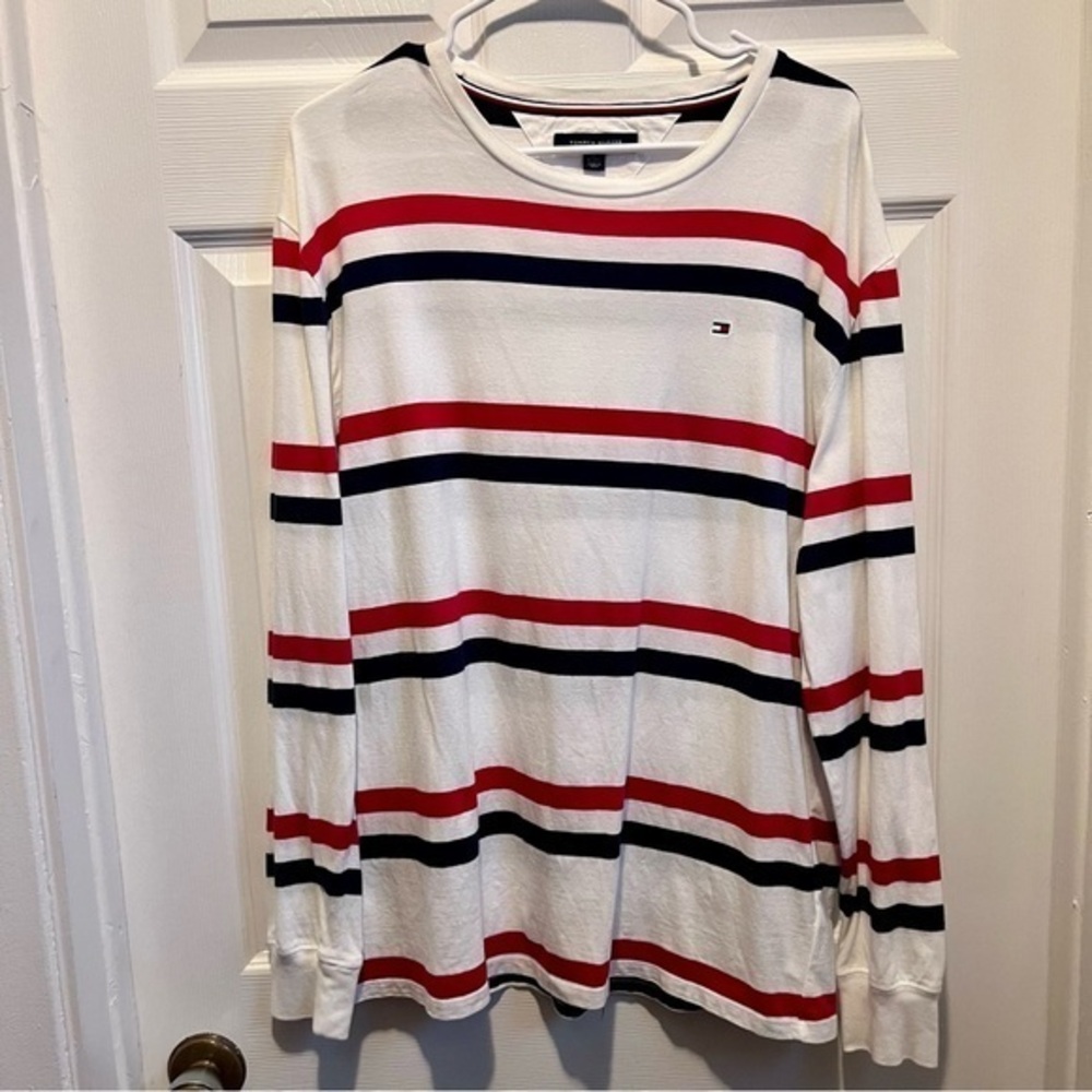 3/25$💥 Tommy Hilfiger Shirt striped pull XL Men Long sleeve White tee
